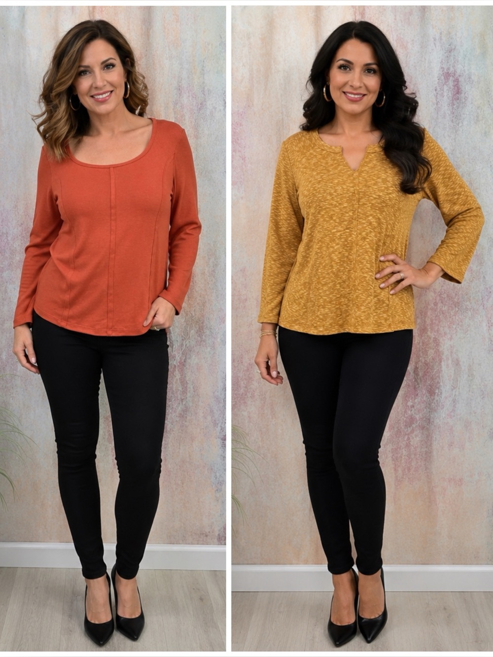 NEW📌 SO 2 Long Sleeves Tops Ocher Yellow & Rust Brown One Fitted & One Casual